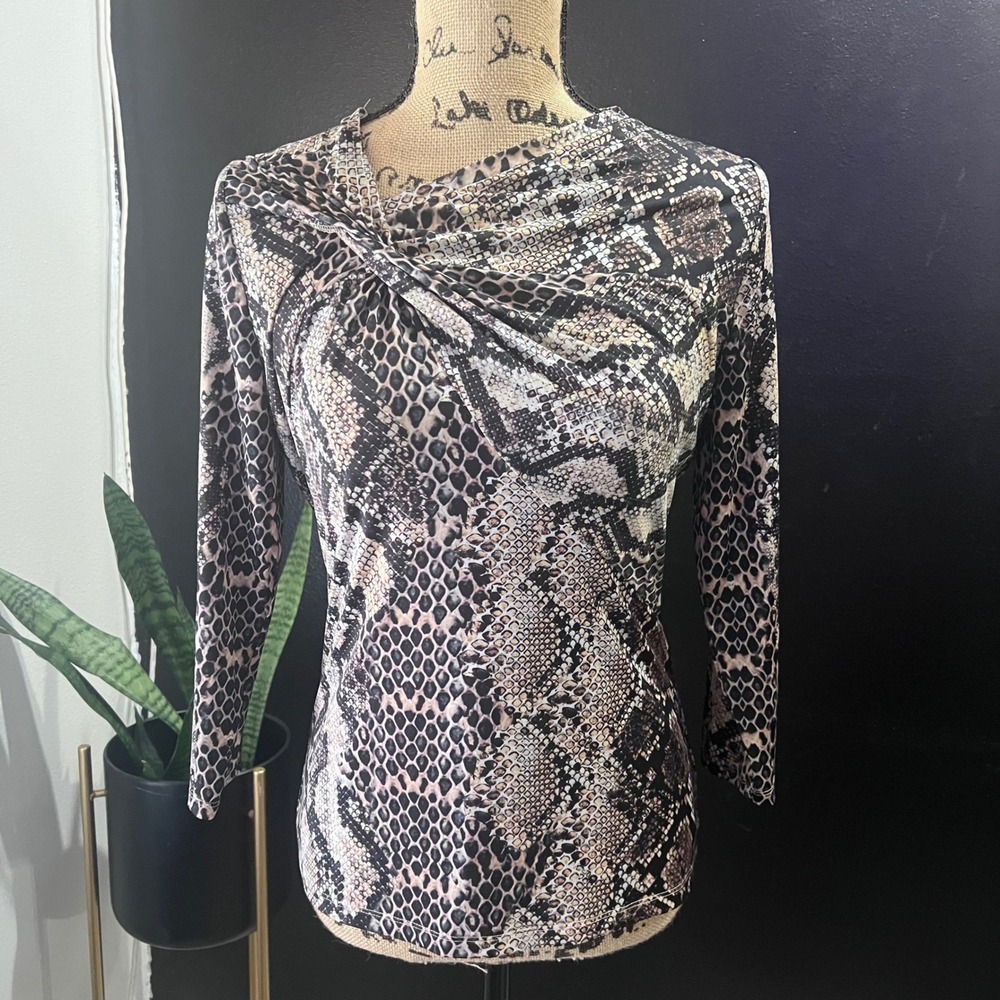 Elie Tahari Womens Snake Print Twisted Neck Long Sleeve Top Brown Size Medium